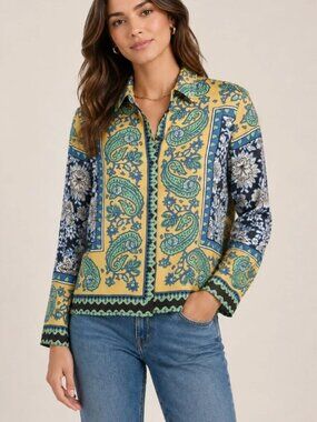Rachel Zoe drop shoulder long sleeve printed satin button up shirt